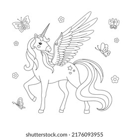 Beautiful unicorn with butterfly drawing coloring page