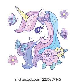 Hermosa ilustración de unicornio, mariposa y flores