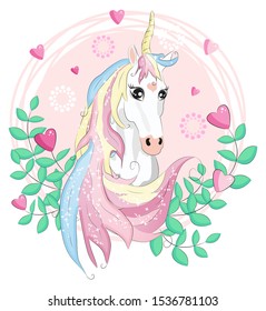 beautiful unicorn card, unicorn head inside a frame of hearts