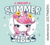 Beautiful unicorn cartoon with flower wreath on her head and text summer vibes slogan on green background illustration vector.