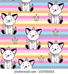 Beautiful unicorn cat on a rainbow background seamless pattern