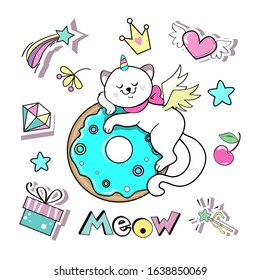 Beautiful unicorn cat sleeps on a blue donut on a white background isolated. Fashion patch badges with girl items for birthday. Star, crown, diamond and heart