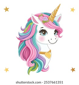 Hermoso unicornio con el pelo de color y cuerno de oro, corazón y estrellas sobre fondo blanco. Ilustración vectorial en estilo plano de dibujos animados