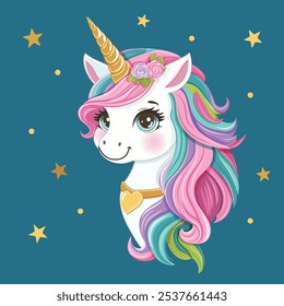 Beautiful unicorn with colored hair and golden horn, heart and stars on dark blue background. Poster, Banner, Flyer, Greeting Card. Vector illustration in flat cartoon style