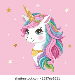 Hermoso unicornio con el pelo de color y cuerno de oro, corazón y estrellas sobre fondo rosa. Póster, Anuncio, Flyer, Tarjeta de felicitación. Ilustración vectorial en estilo plano de dibujos animados