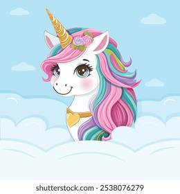 Beautiful unicorn with colored hair and golden horn hid behind the clouds. Poster, Banner, Flyer, Greeting Card. Vector illustration in flat cartoon style