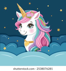 Beautiful unicorn with colored hair and golden horn hid behind the clouds. Poster, Banner, Flyer, Greeting Card. Vector illustration in flat cartoon style