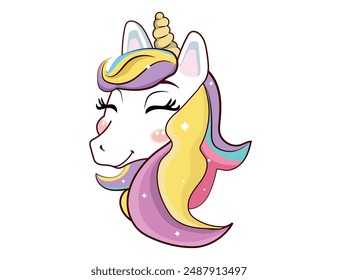 beautiful unicorn with colorful mane and closed eyes, vector illustration.