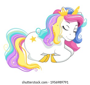 Beautiful unicorn with crown sleeps. Vector illustration. Isolated on white background