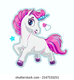 Beautiful unicorn. Cute cartoon little white horse with pink hair. Decorative vector girlish t shirt print with pretty pony.