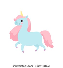 Beautiful Unicorn, Cute Magic Light Blue Animal with Pink Mane Vector Illustration