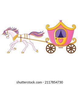 A beautiful unicorn is driving a pink carriage for a princess