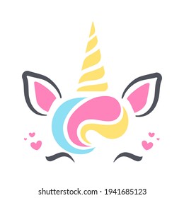 Beautiful unicorn face For designing greeting cards as a birthday gift for girls.