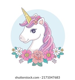 Beautiful unicorn face with flowers drawing illustration