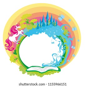 Beautiful unicorn and fairy-tale princess castle frame