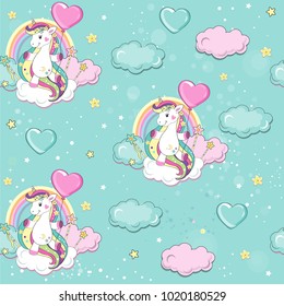 beautiful unicorn flies in a balloon in the clouds seamless pattern