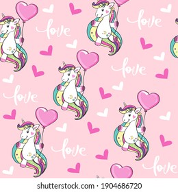 Beautiful unicorn flies in a heart-shaped balloon and lettering love seamless pattern. Valentine's day concept. Funny cartoon animals