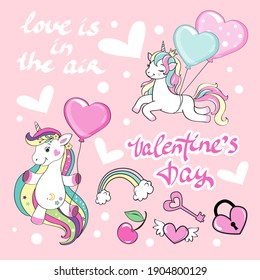 Beautiful unicorn flies in a heart-shaped balloon and lettering love is in the air. Valentine's day concept. Funny cartoon animals collection. Fashion stickers