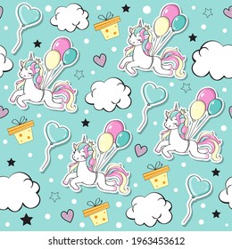 Beautiful unicorn flies in a hot air balloon, gifts and clouds on a pink background seamless pattern. Vector illustration for birthday