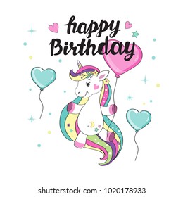 beautiful unicorn flies on a balloon in the shape of a heart and an inscription with a happy birthday