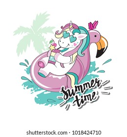 A beautiful unicorn floats on a pink circle and an inscription summer time