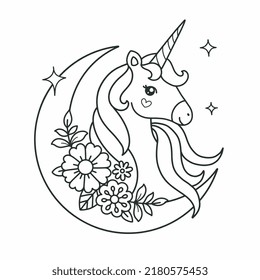 Beautiful unicorn flowers crescent printable coloring page