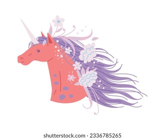 Beautiful unicorn with flowers in mane, cartoon flat vector illustration isolated on white background. Fantastic horse head drawing. Fairytale character for kids.