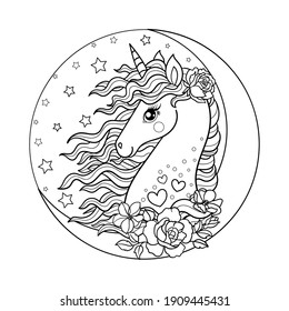 Beautiful unicorn with flowers and moon. Black and white image. A mystical, fantasy animal. For the design of coloring books, prints, posters, tattoos, postcards. Vector