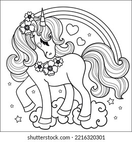 A beautiful unicorn with flowers and a rainbow. Black and white linear image. For the design of prints, posters, cards, puzzles, stickers and so on. Vector