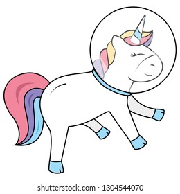 Beautiful unicorn flying in space with astronaut helmet.Cute little pony with rainbow tail,horsehair and horn.Magical character in galaxy theme for kids. Cartoon horse illustration. Web,print clip art