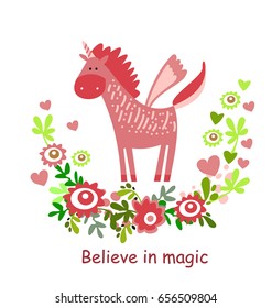 Beautiful unicorn. Frame, flowers