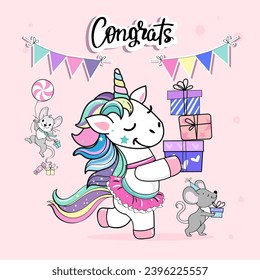 Beautiful unicorn with gift boxes and funny mice. Modern trend stickers vector cartoon illustration. Birthday card