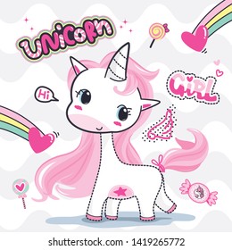 Beautiful unicorn girl with candy and shooting star heart on wavy stripes background illustration vector.