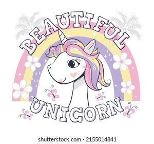 Beautiful unicorn girl cartoon with bright rainbow isolated on white background illustration vector, Typography slogan for t-shirt printing.