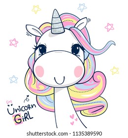 Beautiful unicorn girl head isolated on white background illustration vector.