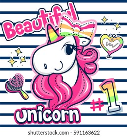 Beautiful unicorn girl with pink hair wearing ribbon on her head on striped background illustration vector.