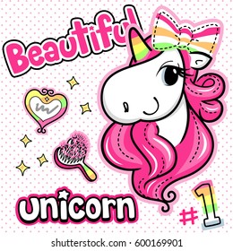 Beautiful unicorn girl with pink hair wearing ribbon on her head on polka dot background illustration vector.