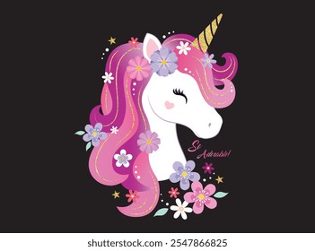 beautiful unicorn for girls surrounded by full color flowers, vector illustration. Design for printing on shirt, poster, banner. White text on pink background. Lovely print for t-shirt, christmas.