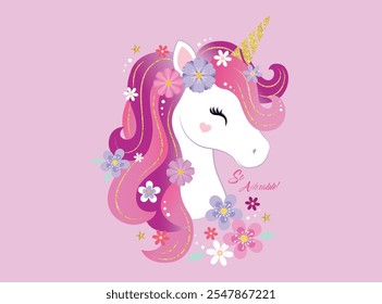 beautiful unicorn for girls surrounded by full color flowers, vector illustration. Design for printing on shirt, poster, banner. White text on pink background. Lovely print for t-shirt, christmas.