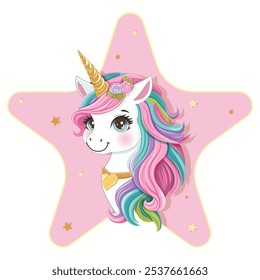 Beautiful unicorn with golden horn and colored hair inside pink star. Poster, Banner, Flyer, Greeting Card. Vector illustration in flat cartoon style