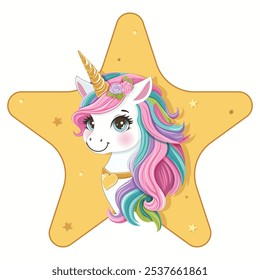 Beautiful unicorn with golden horn and colored hair inside golden star. Poster, Banner, Flyer, Greeting Card. Vector illustration in flat cartoon style