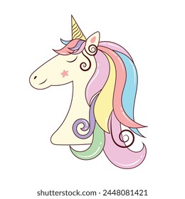 Beautiful unicorn head with colorful mane or crest. Cute child illustration. Suitable for stickers, design, nursery