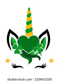 Beautiful Unicorn head with four leaf clover headband, Unicorn Face with lashes. Vector illustration for card and shirt design for autumn holidays. Happy Saint Patrick's Day decoration. Leprechaun