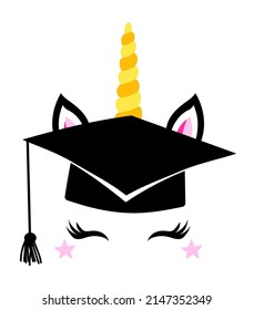 Beautiful Unicorn head with graduation cap, Unicorn Face with lashes. Vector illustration for card and shirt design for school graduates. Congratulations Graduates.