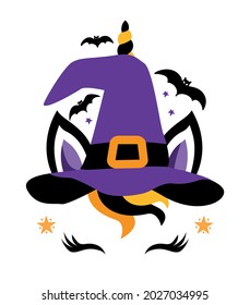 Beautiful Unicorn head with halloween witch hat, Unicorn Face with bats. Vector illustration for card and shirt design for autumn holidays. Happy Halloween decoration. Trick or treat.