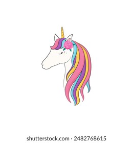 Beautiful unicorn head with a horn and flower. Vector childish illustration