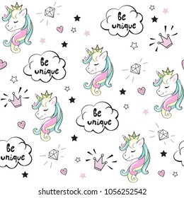 Beautiful unicorn head and inscription be unique seamless pattern