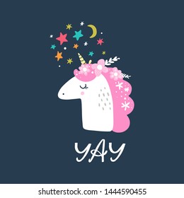 Beautiful unicorn head and inscription Yay. Vector illustration.