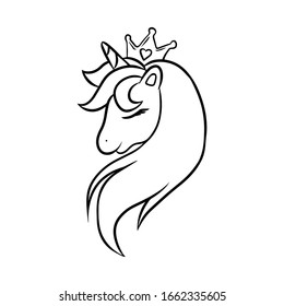 Beautiful unicorn head line art black and white vector
