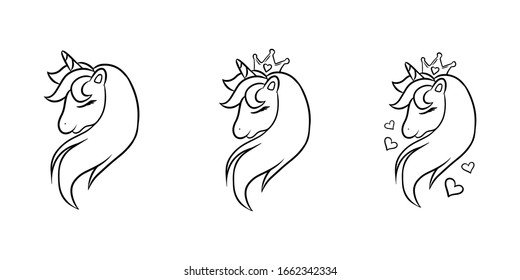 Beautiful Unicorn Head Line Drawing Vector Set